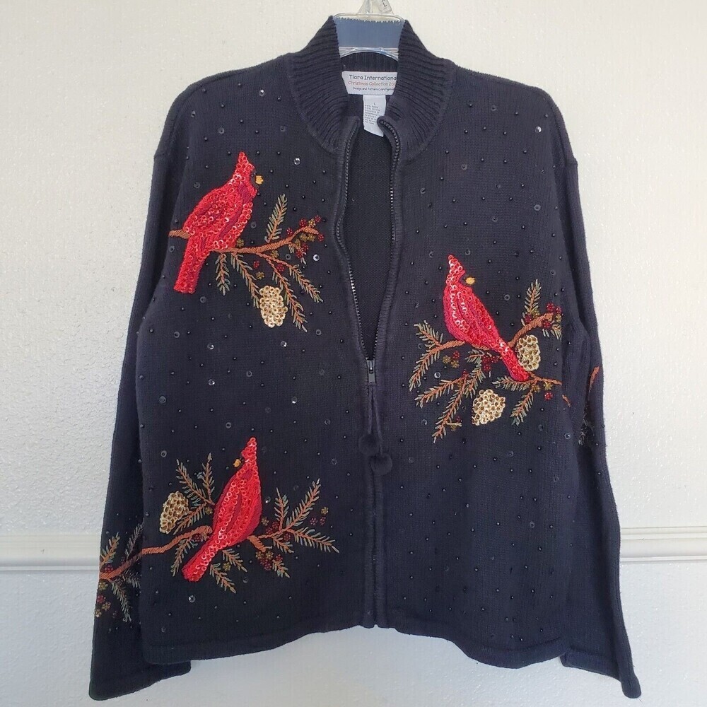 Tiara International Cardigan Sweater Embroidery Holiday Cardinal sequin L 2004‎